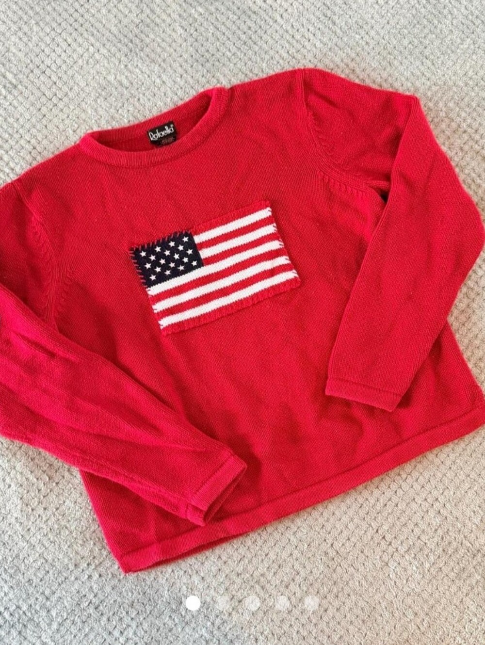 Vintage Rafaella red crew neck sweater features a prominent American flag